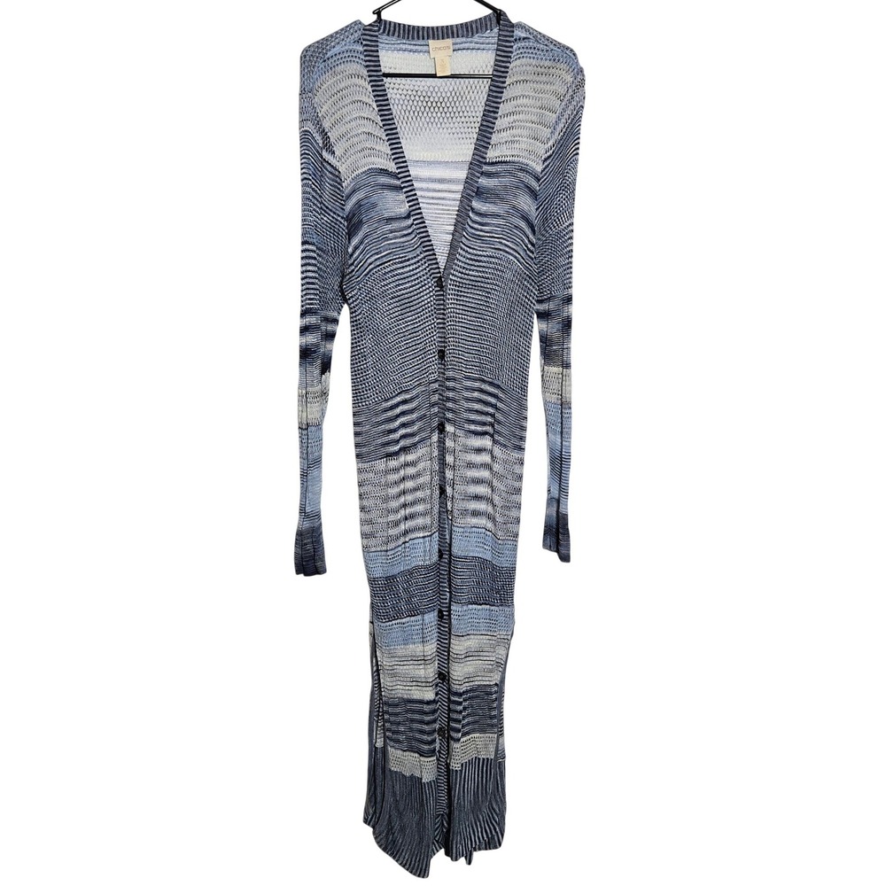 Chicos Blue Space Dye Duster Cardigan Sweater Chico 3 US XL Boho Long Knit Beach